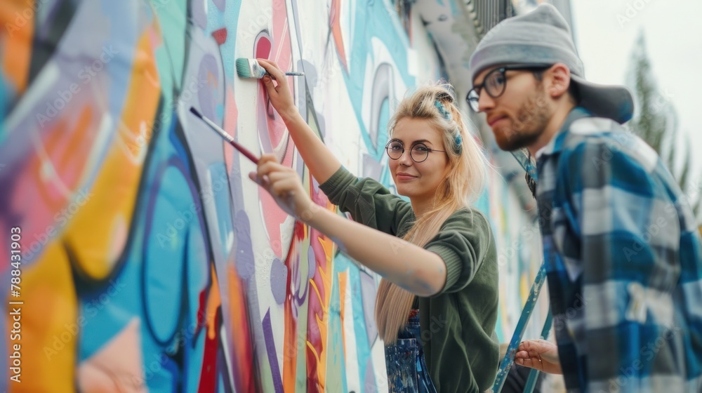 A team of artists painting a mural together, showcasing creativity and collaboration. A team of artists painting a mural together, showcasing creativity and collaboration.