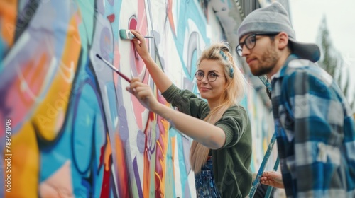 A team of artists painting a mural together, showcasing creativity and collaboration. 
