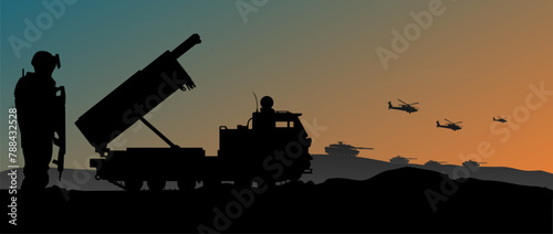 Vektor Silhouette Flugabwehr - Raketensystem - Panzer und Hubschrauber - Feuerleitstand zur Abwehr von Raketen, Drohnen, Flugzeugen, Marschflugkörpern und ballistischen Raketen - Konflikt