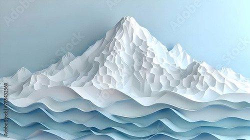 Minimalist paper art of a snow-capped mountain, using white and gray paper on a light blue background