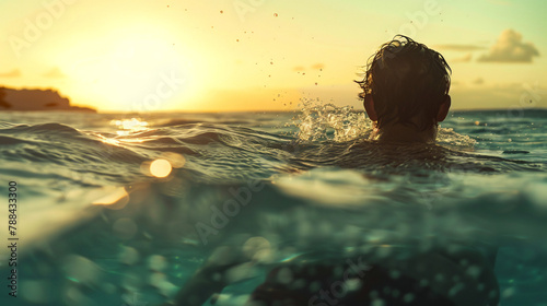 swimming in summer sunset, generative AI 