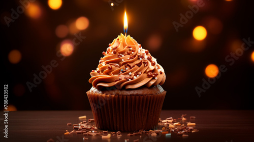 Golden birthday cupcake. Candle birthday cake with dark background and sparkle