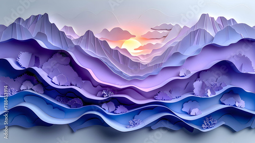 Paper art of a series of mountain ranges, each layer a different shade of purple, set against a twilight background
