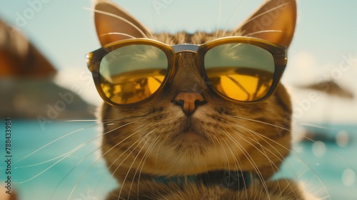 Close-up of an anthropomorphic cat wearing reflective sunglasses with a tropical beach backdrop