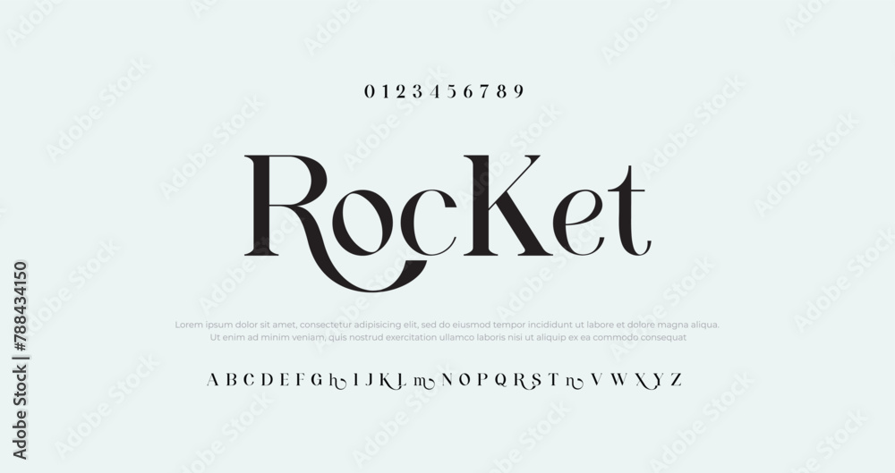 Rocket Premium luxury elegant alphabet letters and numbers. Elegant Tech typography classic serif font decorative vintage retro. Creative vector illustration