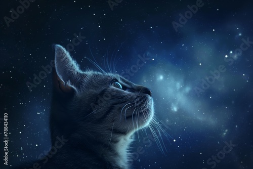 Portrait of a pensive cat gazing at the sparkling stars on a peaceful night