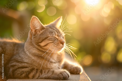 Content tabby cat basking in the warm sunlight with eyes closed in a serene outdoor setting