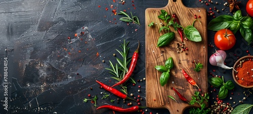 Kitchen cutting board on the table with spices, vegetables and herbs. place for text. On a dark background. generative ai