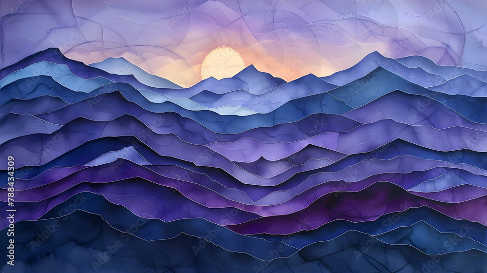 Obraz premium Paper art of a series of mountain ranges, each layer a different shade of purple, set against a twilight background