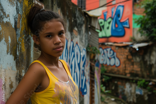 Brazilian schoolgirl in yellow tank top with graffiti background in favela in Rio de Janeiro  Brasil