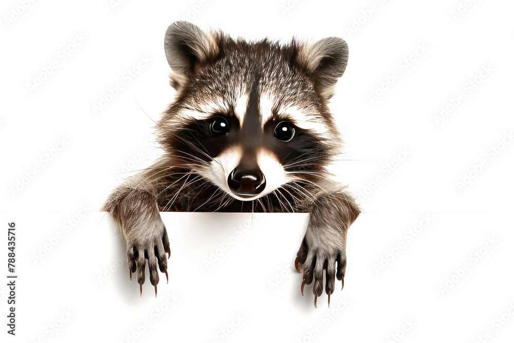 Funny baby Raccoon holding a blank white poster. Place for text