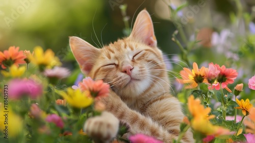 Playful ginger tabby kitten enjoying the colorful blooms in the peaceful garden, surrounded by nature's joy and tranquility, showcasing its cute innocence and contentment