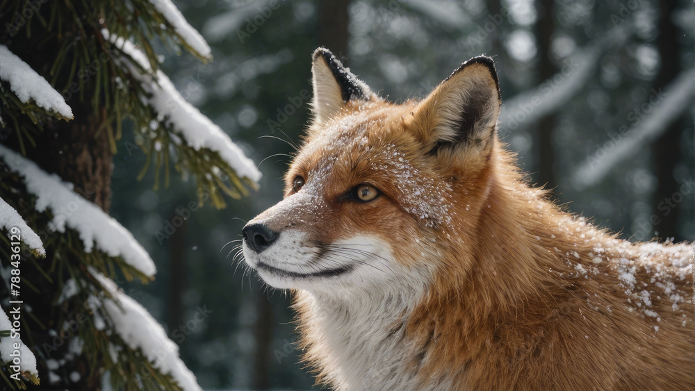 Fototapeta premium Close-up Red fox face with intricate details and snow flakes on its fur, showcasing its winter adaptability