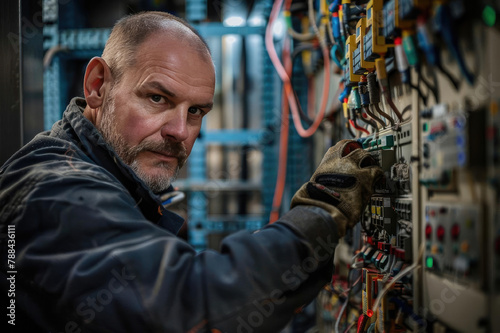 A man is working on a circuit board. He is wearing a blue jacket and a pair of gloves