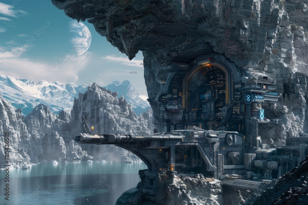 A digital artwork depicting a futuristic cityscape built into the side of a massive rock cliff, showcasing humanity's ingenuity and adaptation. 