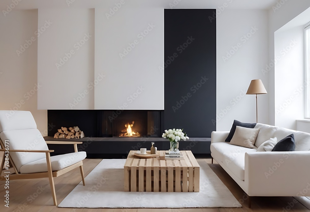 Fototapeta premium Frame mockup, ISO A paper size. Living room wall poster mockup. Interior mockup with house background. Modern interior design. 3D render