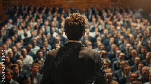 A businessperson giving a confident presentation in front of a large audience, signifying successful leadership. 