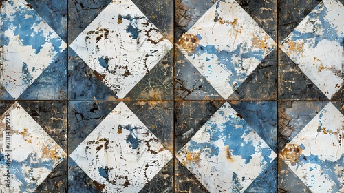 Old blue white rusty vintage worn shabby patchwork lozenge diamond rue motif tiles stone concrete cement wall texture background photo