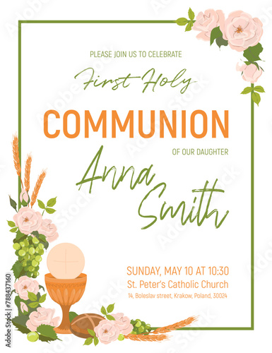 Square frame with first communion symbols. Vector. Composition from a golden bowl for wine, bread, wine, grapes, white roses. Beautiful design elements for an invitation to the Holy Eucharist.
