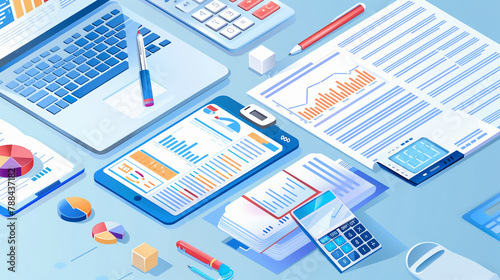 Vector illustration Calculator with Documents: Accountability and Financial Planning, tax