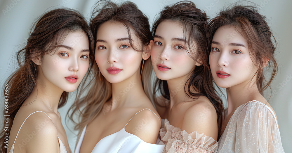 Four young Asian women posing together, each with a unique hairstyle and delicate makeup, wearing elegant dresses.
