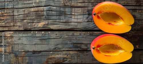 Mango. cut in half. On a wooden background. View from above. Place for text. generative ai