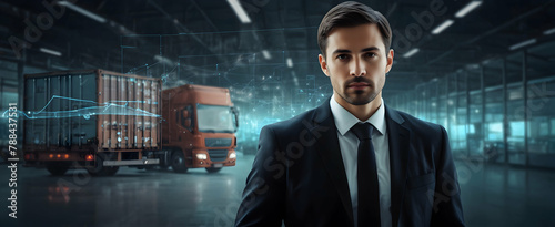 Europian Smart Businessman Double Exposure with Seamless Supply Chain Sync Highlighting Seamless Integration in Supply Chains in Logistic Area Background Concept photo