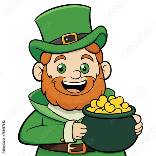 Whimsical Leprechaun Vector Illustration with Pot of Gold. Playful Cartoon Leprechaun Character Holding Gold Pot