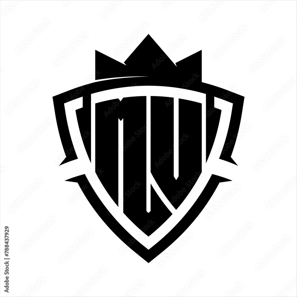 MV Letter bold monogram triangle curve shield shape with crown black and white background color design MV Letter bold monogram triangle curve shield shape with crown black and white background color design