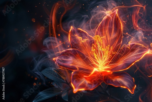 A digital painting of a flower made of fire, its petals glowing embers and its stamen flickering flames, symbolizing passion and transformation. 