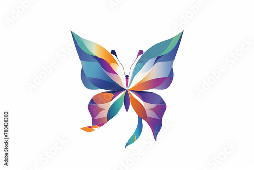 A logo design capturing the captivating beauty of a butterfly, with its wings displaying a kaleidoscope of colors against a solid white backdrop.