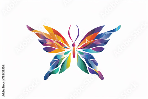 A logo design capturing the captivating beauty of a butterfly  with its wings displaying a kaleidoscope of colors against a solid white backdrop.