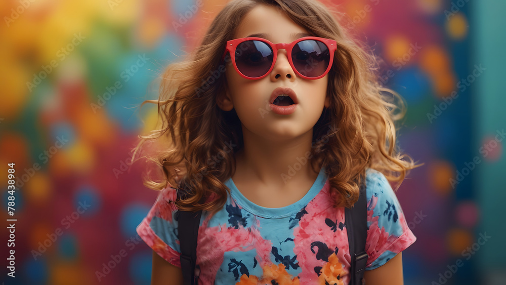 Cute young girl with sunglasses making a surprised face Cute young girl with sunglasses making a surprised face