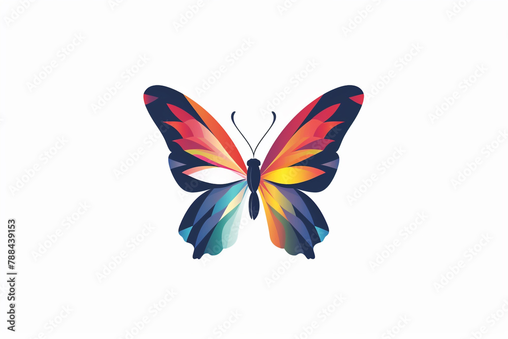 A logo design featuring a colorful butterfly, its wings adorned in a tapestry of vibrant hues on a solid white background.