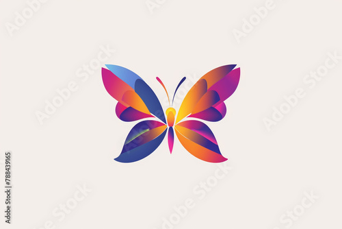 A logo design featuring a colorful butterfly, its wings adorned in a tapestry of vibrant hues on a solid white background.