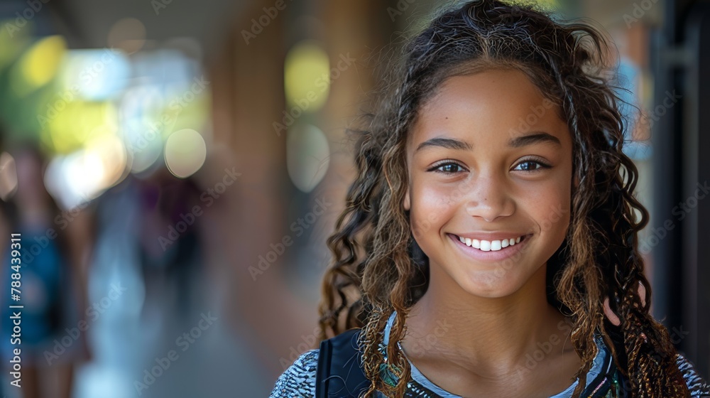 A young girl with long hair is smiling and looking at the camera