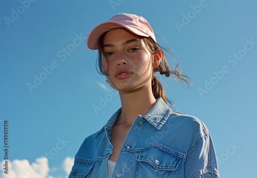 A model in a denim shirt and pink baseball cap posing against blue sky