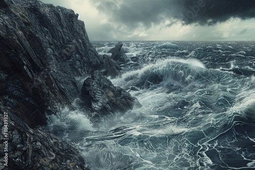 A dramatic scene of a storm brewing over the ocean, dark waves crashing against jagged rocks.