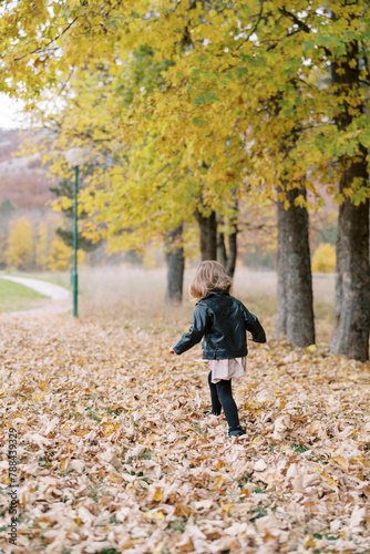 Little girl runs through fallen dry leaves in the park, waving her arms. Back view