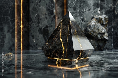 A geometric sculpture made of polished black marble with veins of inlaid gold, creating a striking contrast between darkness and luxury. photo
