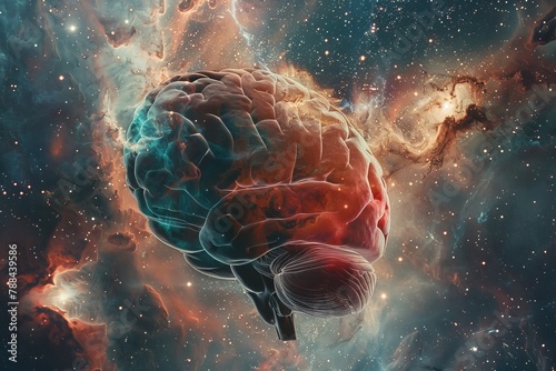 A hyper-detailed anatomical brain illustration with a swirling nebula pattern as its background, symbolizing the vastness of human thought.