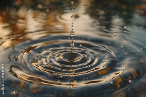 A hyper-detailed close-up of a single water droplet splashing onto a still pond  creating a perfect ripple effect.
