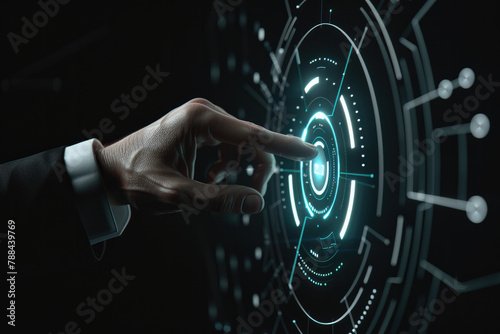 A sleek finger is mid-action, initiating a sequence on a high-tech digital interaction interface