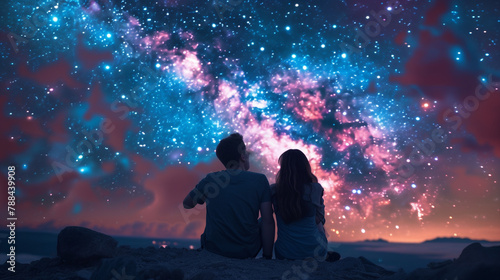 A couple of lovers came to look at the starry sky, a man and a girl are sitting on the ground and looking at the stars