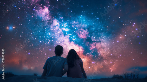 A couple of lovers came to look at the starry sky, a man and a girl are sitting on the ground and looking at the stars