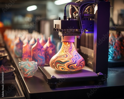 Close-up of a 3D printer creating a ceramic vase, extruder in sharp focus, emerging patterns, blurred art studio setting, Psychedelic funk art style