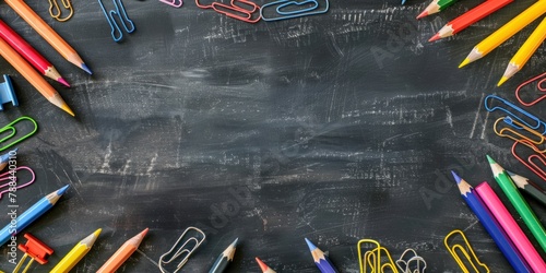 A school-themed border with pencils, erasers, and paper clips, surrounding an empty space for text.  photo