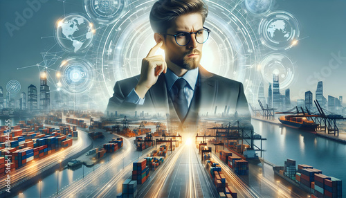 European Smart Business Man Double Exposure with Next Gen Logistic Networks Exploring Next Generation Networks in Logistics in Exposure with Logistic Area Background Concept photo