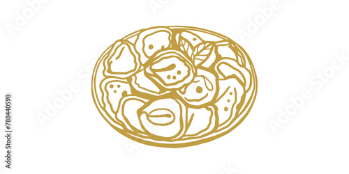 Isolated vector set of meat dumplings. Vareniki. Pelmeni. National dishes. Sketch hand drawn Pelmeni. Ukranian, russian food. Products from the dough and meat.