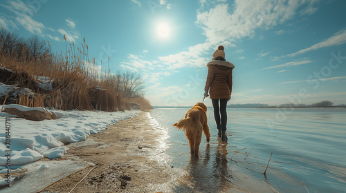 a girl walks with her beloved pet dog along the coast